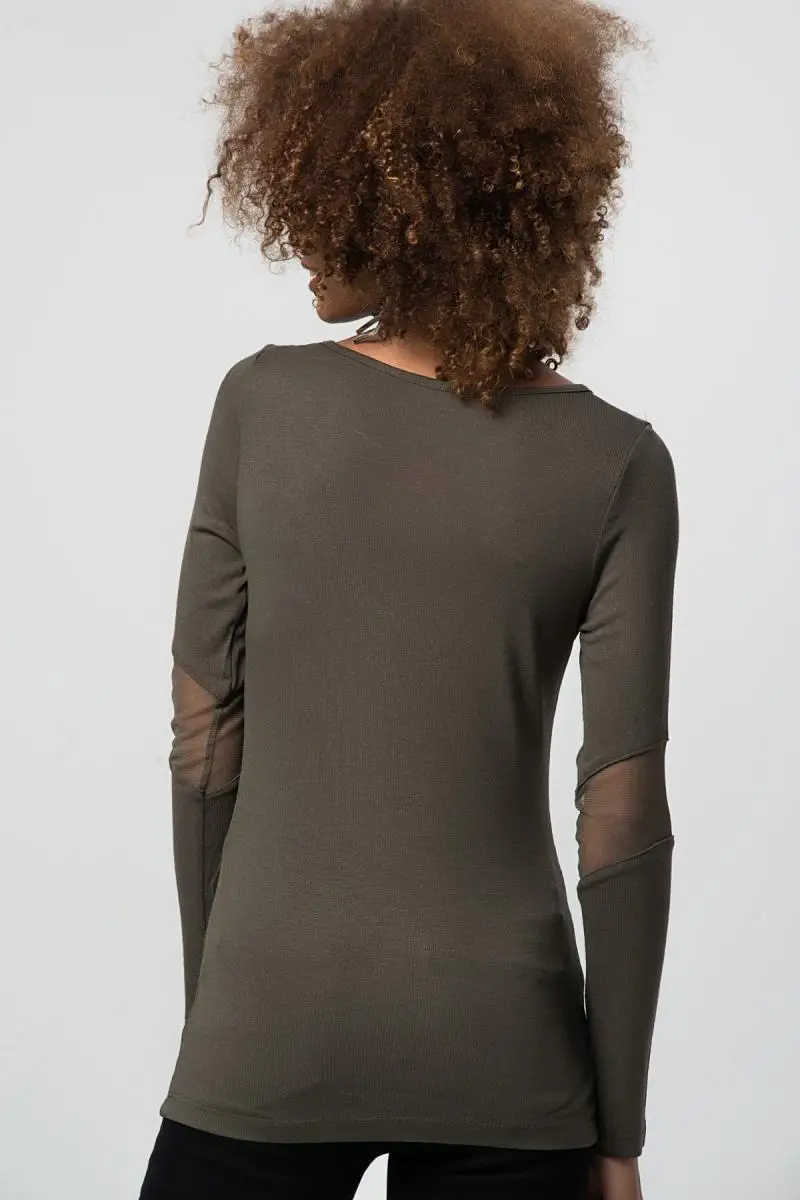 Boutiquen Women Khaki Göğüsü and Tulle Sleeves Blouse 10229 |