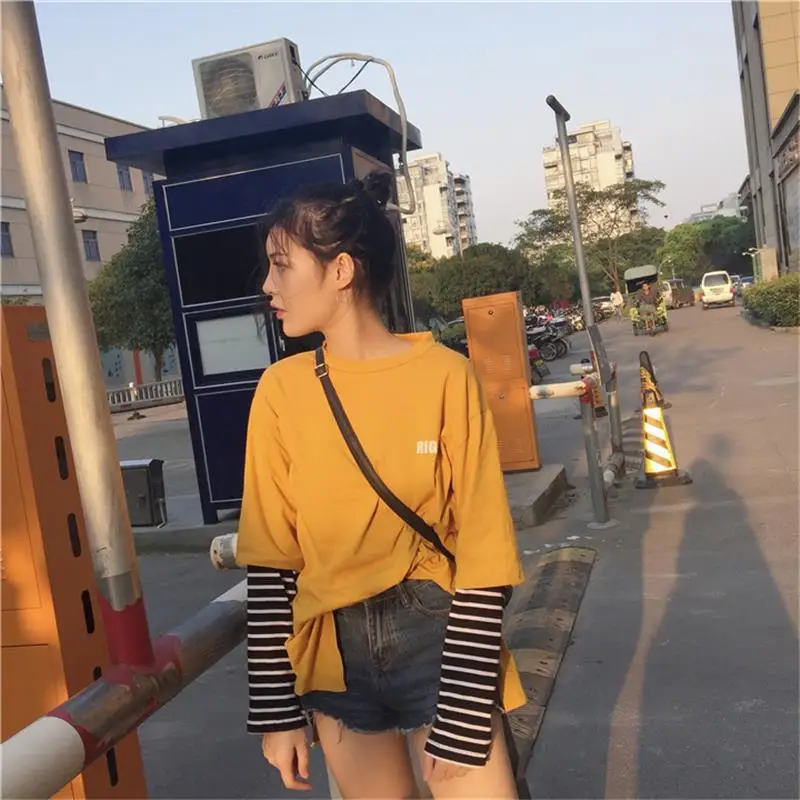 2019 Femme Осенняя женская одежда корейский стиль Harajuku принт полосатый пэчворк с