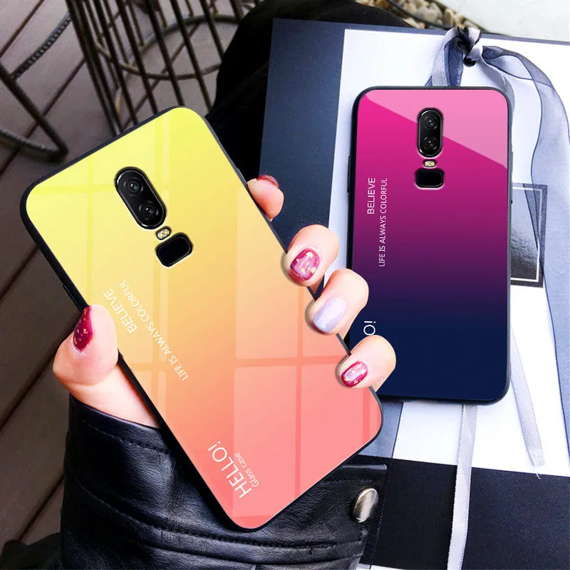 Чехол One Plus 6 Oneplus6 чехол с градиентом авроры закаленное стекло задняя крышка для