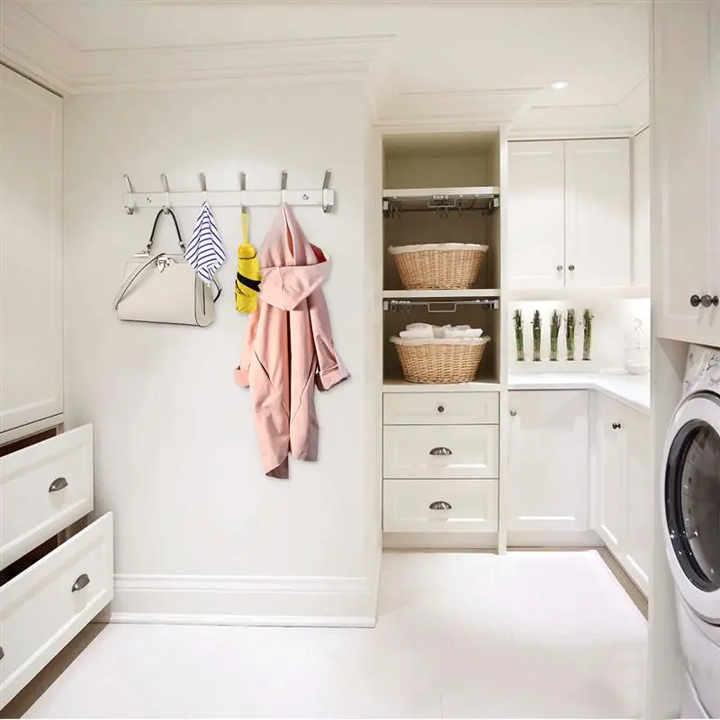 

Heavy Duty Stainless Steel Wiredrawing Wall Mounted Hook Rack Hook Rail Coat Rack with 6 Hooks Home Storage Organization