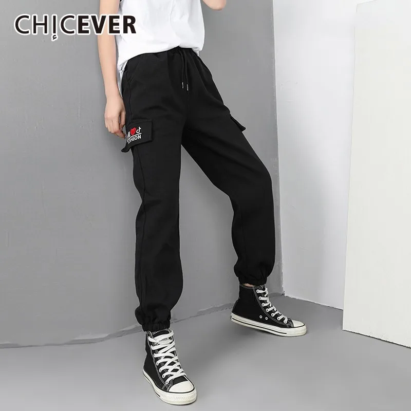 CHICEVER/женские брюки с вышитыми буквами эластичные высокой талией на шнуровке
