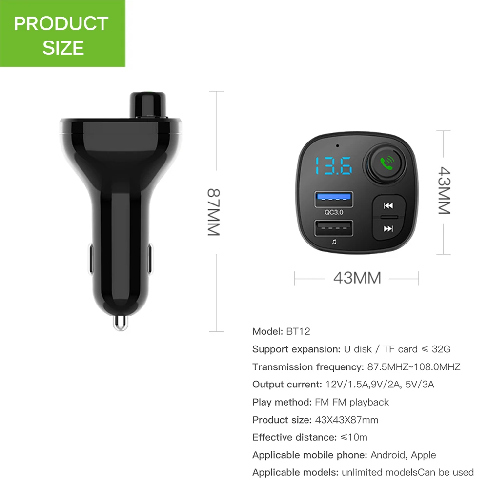 

Onever Car Charger Adapter Dual USB FM Transmitter MP3 Player LED Display Bluetooth Hands-Free Support U-Disk TF Card