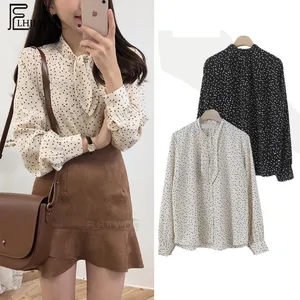 Блузка в горошек, рубашки, новинка 2019, весенний дизайн, корейский стиль, с длинным рукавом, в стиле преппи, сельская местность, для девочек, милый топ с бантом, блузка