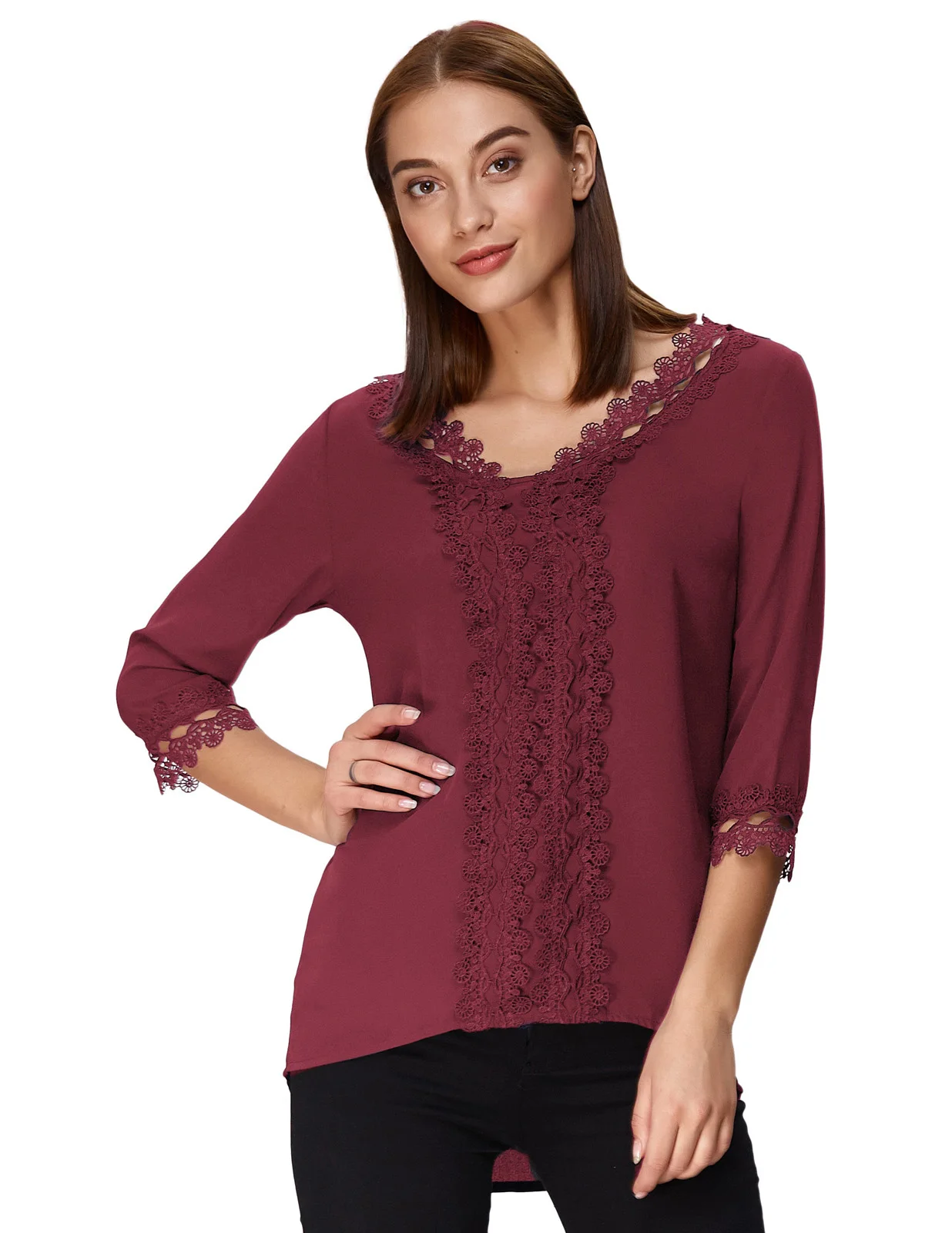 Повседневное Для женщин рубашка с v-образным вырезом из шифона 3/4 рукав Футболка