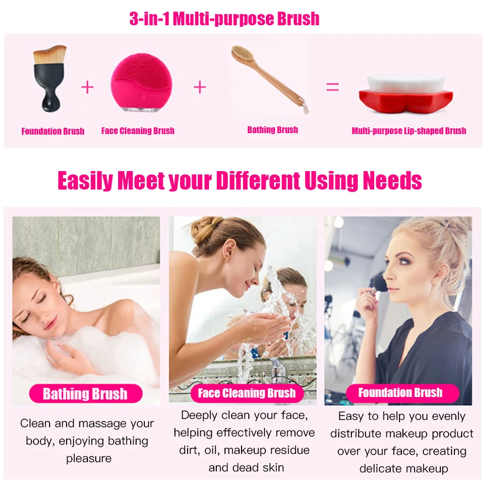 Multi-functional Lip-shaped 3-in-1 Face Cleaning Brush Bathing Facial Makeup Beauty Tool Foundation Brushes | Красота и здоровье
