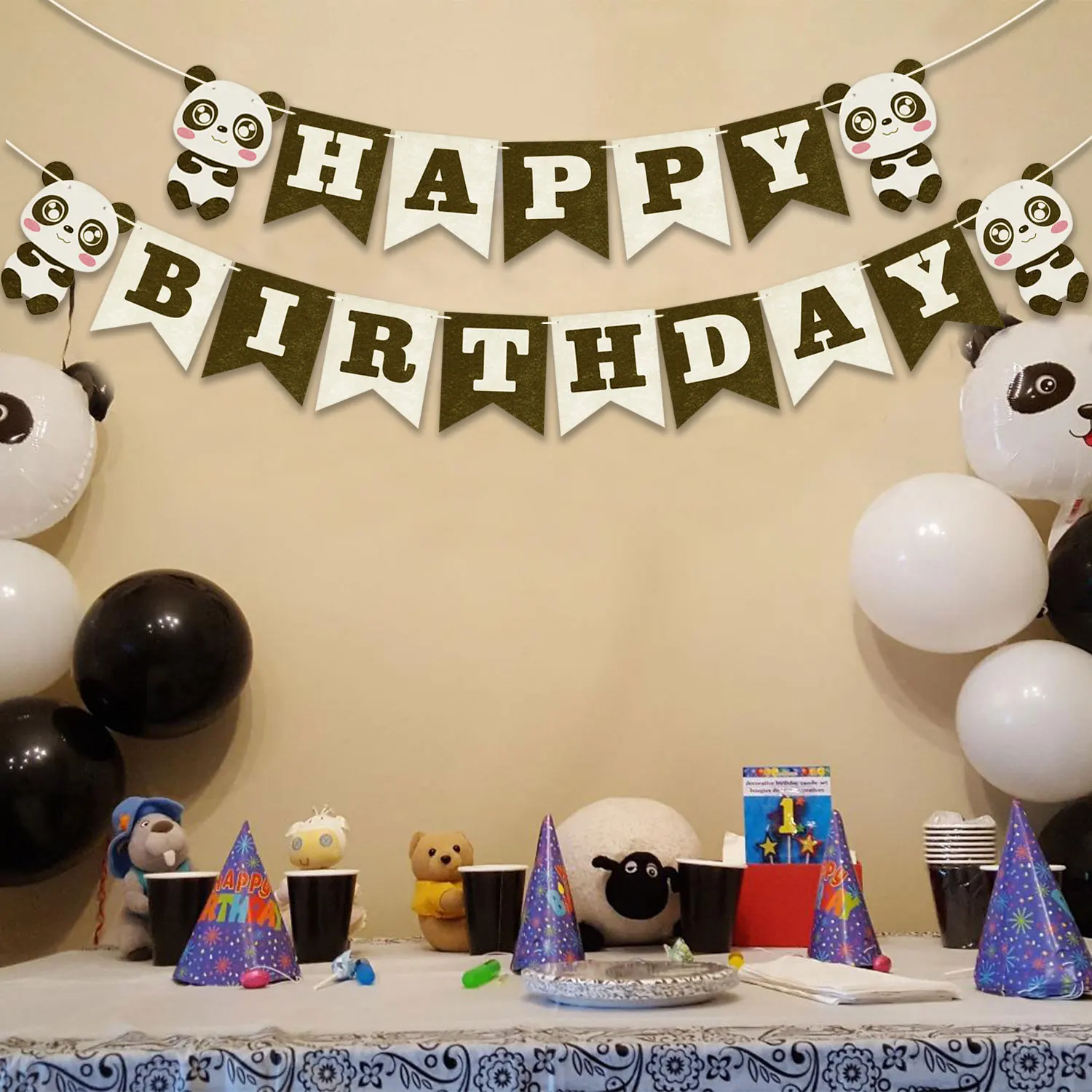 

ZLJQ Happy Birthday Panda Banner Balloons Disposable Tableware Napkin Cup Plate Kids Boy Girl Birthday Party Decoration Supplies