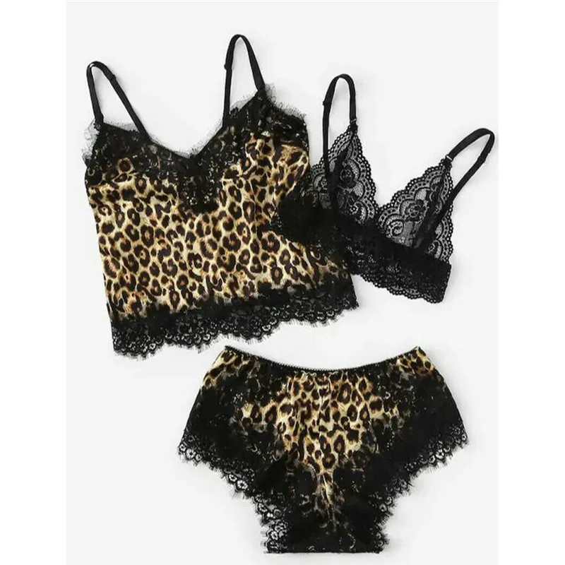

3PCS Women lady sexy Leopard print Sheer lace pajamas set Summer sleeveless bra crop top shorts Elastic Lingerie Sleepwear Night