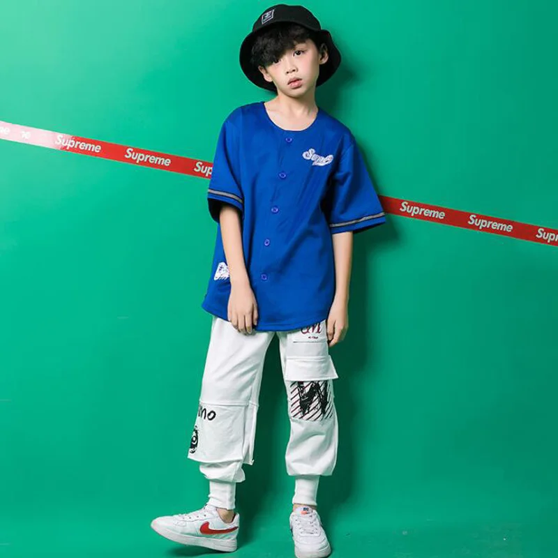 

Boys Blue Loose Tshirt Jazz Dancing Costumes Clothing Suits Kids Ballroom Hip Hop Dance Outfits Stage Wear Performance Clothes