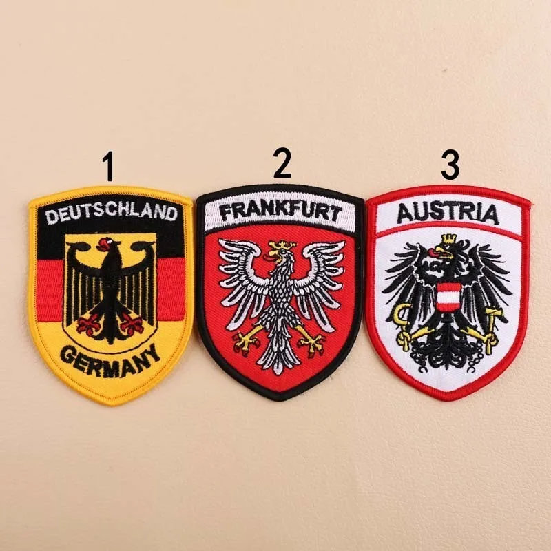 

High Quality Deutschland Austria Frankfurt Badges Iron On Patches for Clothes 3D Diy Embroidery Letter Eagle Aplliques