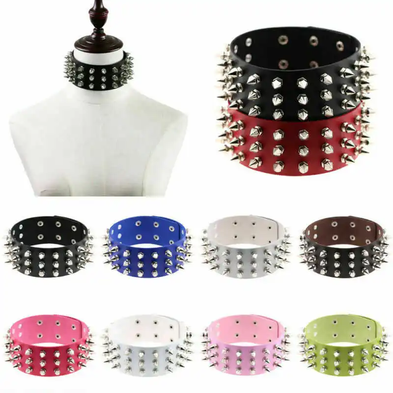 

Punk 3 Row Spike Rivet Collarbone Neck Chain Women Multicolor Leather PU Gothic Rock Collar Individuality Necklaces Choker