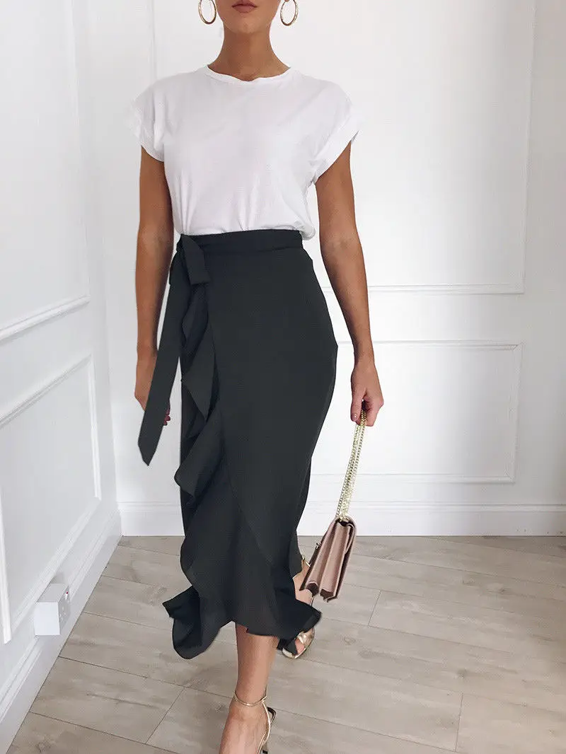 

2019 Women Leopard Print Wrap Over Aysmmetric Loose Skirt High Waist Midi Skirts Ruffles Belt Female Skirts