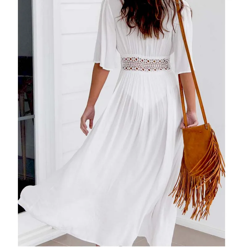 Женская Длинная Блузка Boho белая блузка с глубоким вырезом и шнуровкой лето