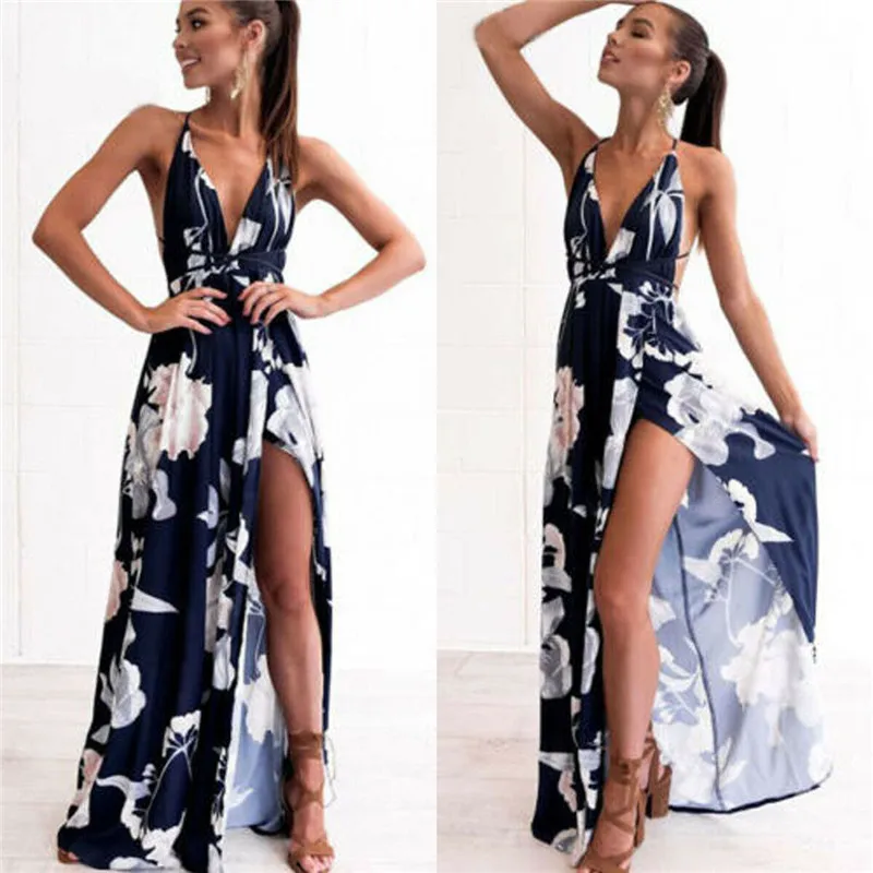 Женское длинное пляжное платье Boho летнее без рукавов с глубоким v образным