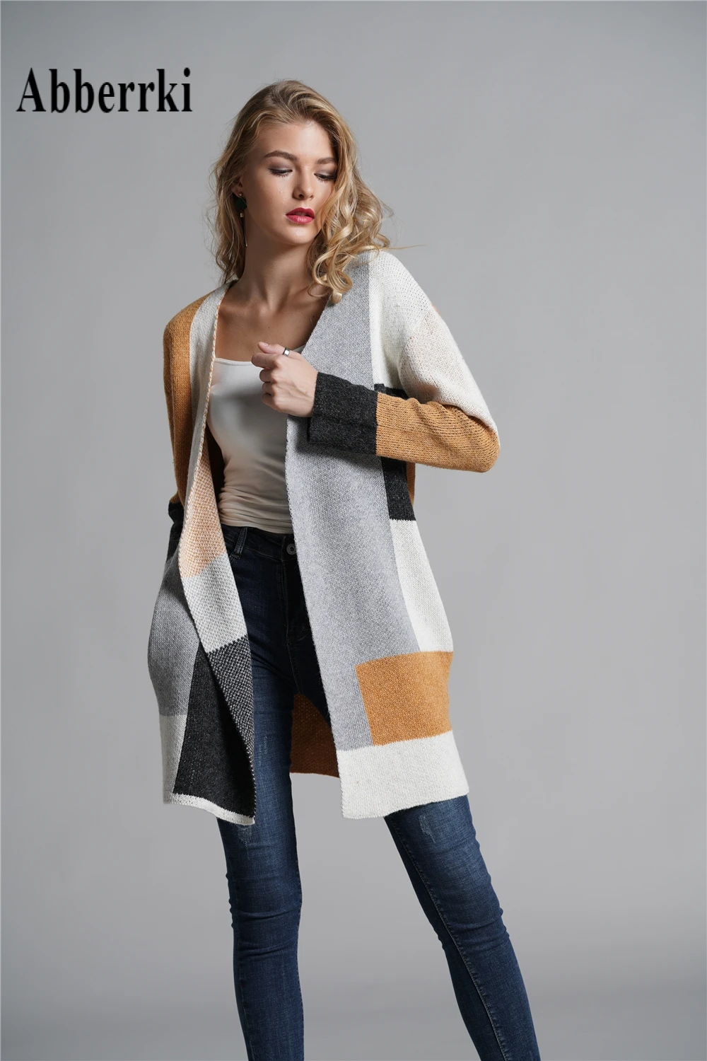 New Patchwork Color Long Sweaters Cardigan Autumn and Winter Women Casual Loose Knitted Sweater Coats Ponchos Capes |