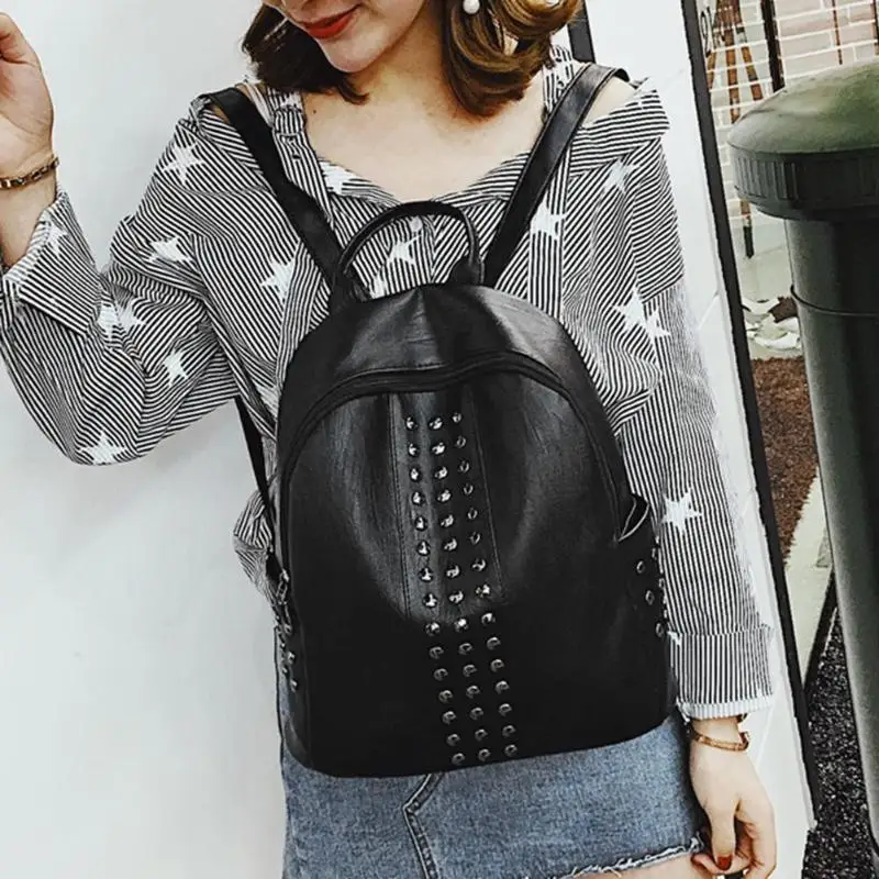 Punk Women Rivets PU Leather Zipper Backpack Teen Girls Casual Shoulder Bag | Багаж и сумки