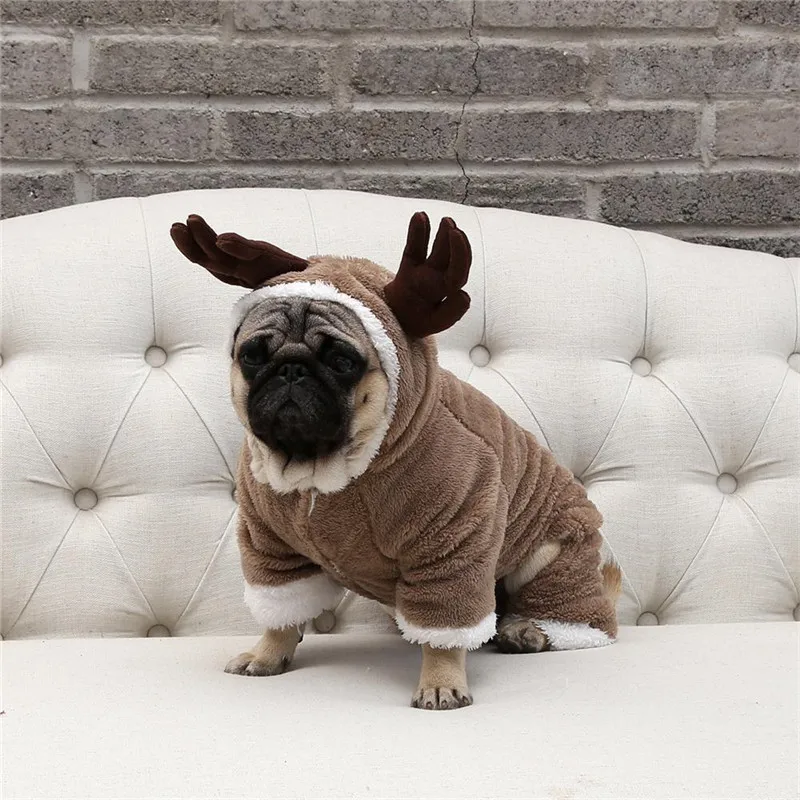 Disfraz de perro Pug para otoño e invierno, ropa de color sólido para perro, ciervo, oveja, mascota, bulldog Francés, abrigo para cachorro de Navidad