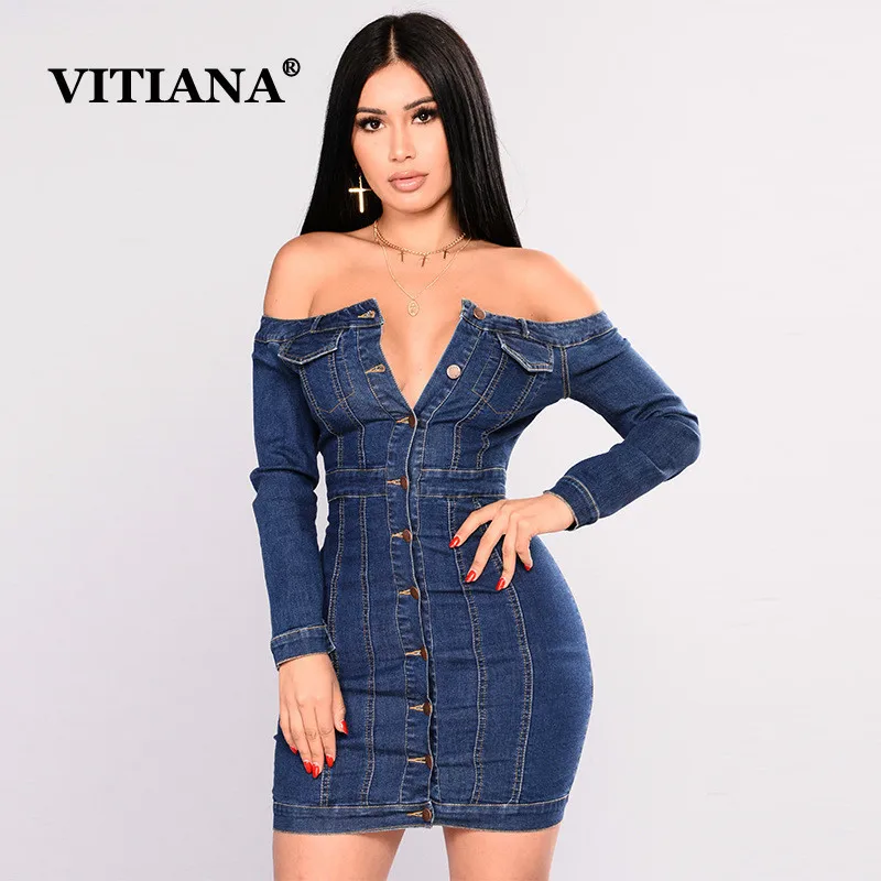 VITIANA женское джинсовое платье 2019 с длинным рукавом без бретелек открытыми