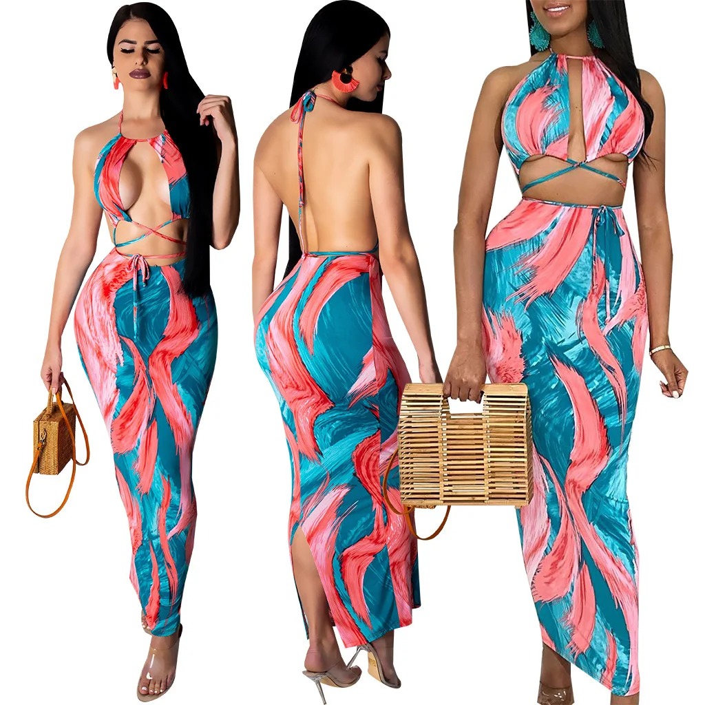 Женское платье с лямкой на шее Клубное цельнокроеное Платье принтом спине в