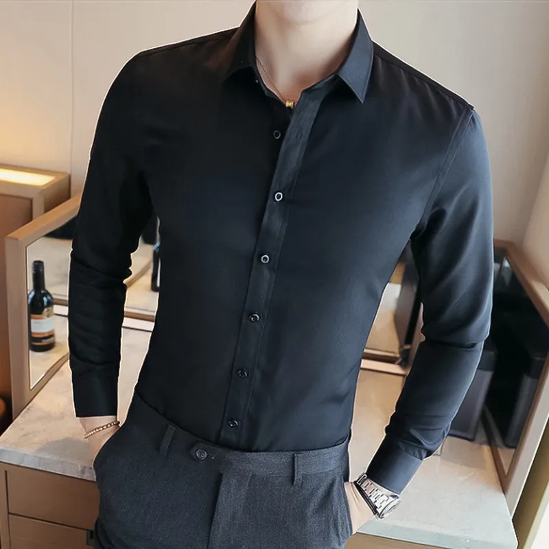 2019 Men's Business Casual Long Sleeved Shirt High Quality Male Social Dress Black Blue White | Мужская одежда