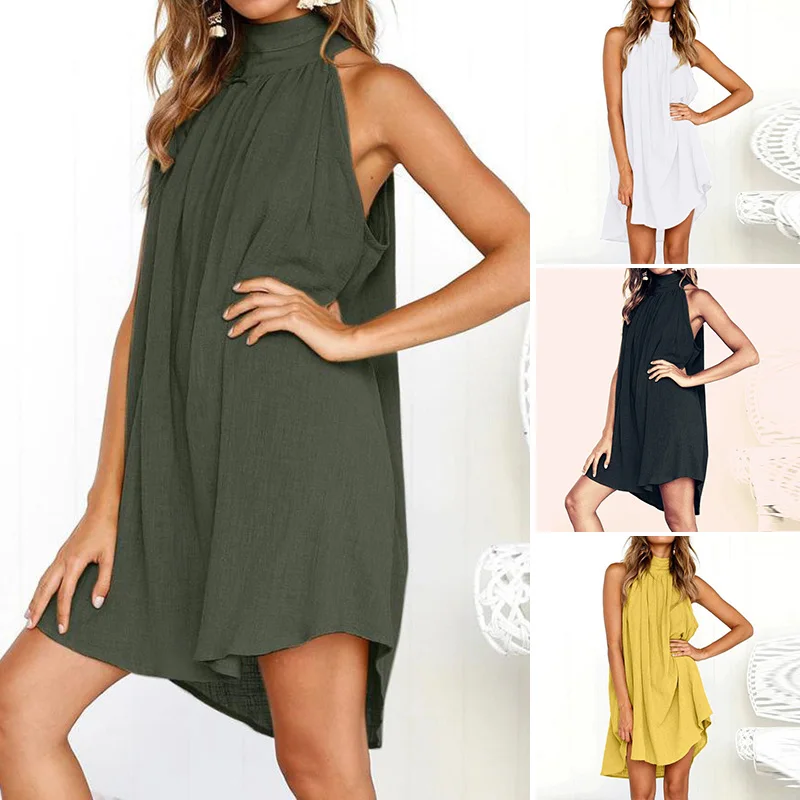 Летнее женское мини-платье без рукавов свободное коктейльное однотонное