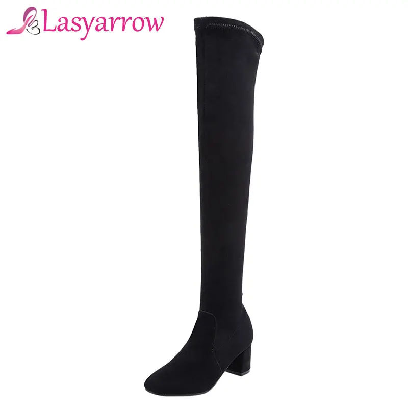 Lasyarrow/модные сапоги выше колена эластичные на высоком квадратном каблуке женские