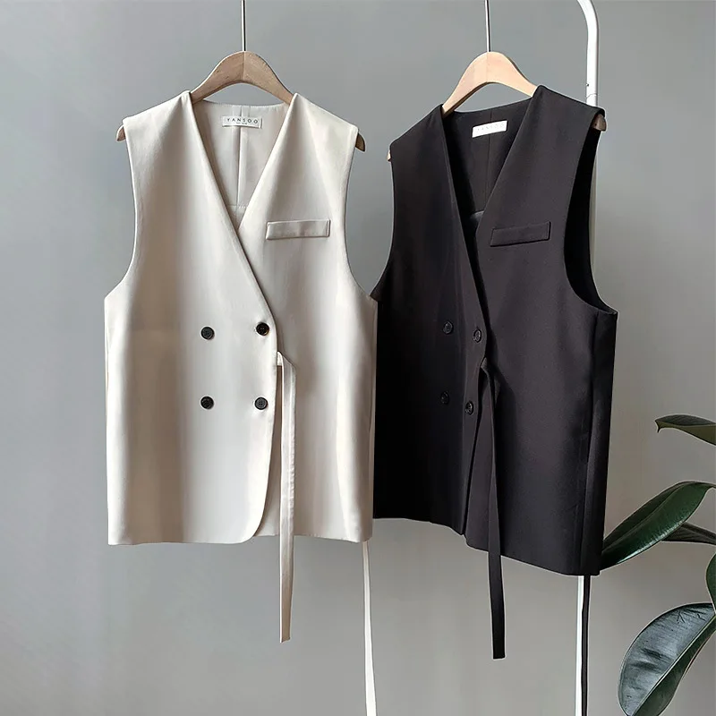 

New 2019 Suit Vest Woman Beige White Short Waistcoat Vest Loose Sleeveless Outwear Tops Fashion Simple Lady's Vest