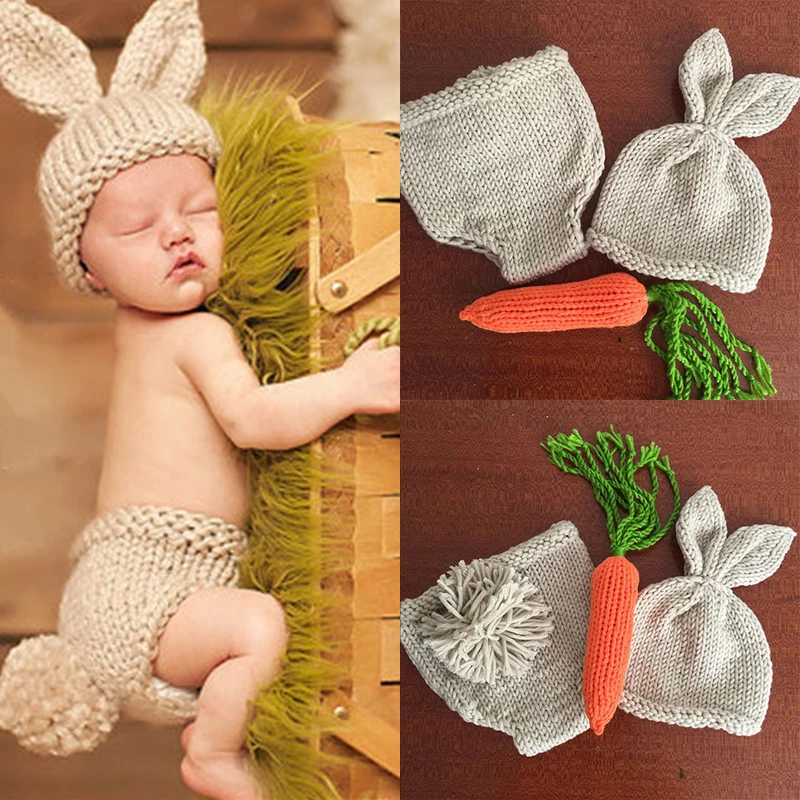 3pcs/Set Newborn Photography Props Knitted Cute Rabbit Shaped Hat+Shorts Outfits Costume Winter Baby Photo Clothes Suit | Детская одежда