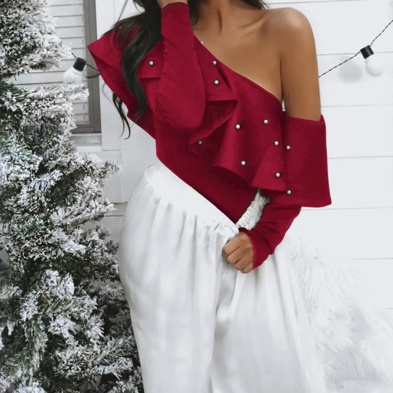 Женские рубашки с оборками на одно плечо модные топы элегантные блузы жемчугом и