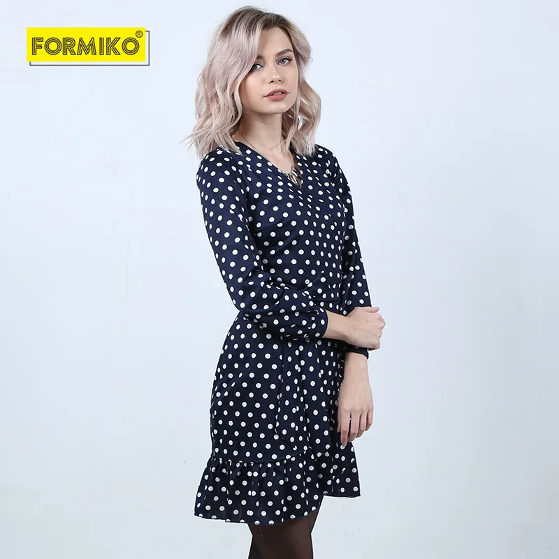 Formiko Женское платье горошину с запахом в зелёной и синей расцветке. Осень зима