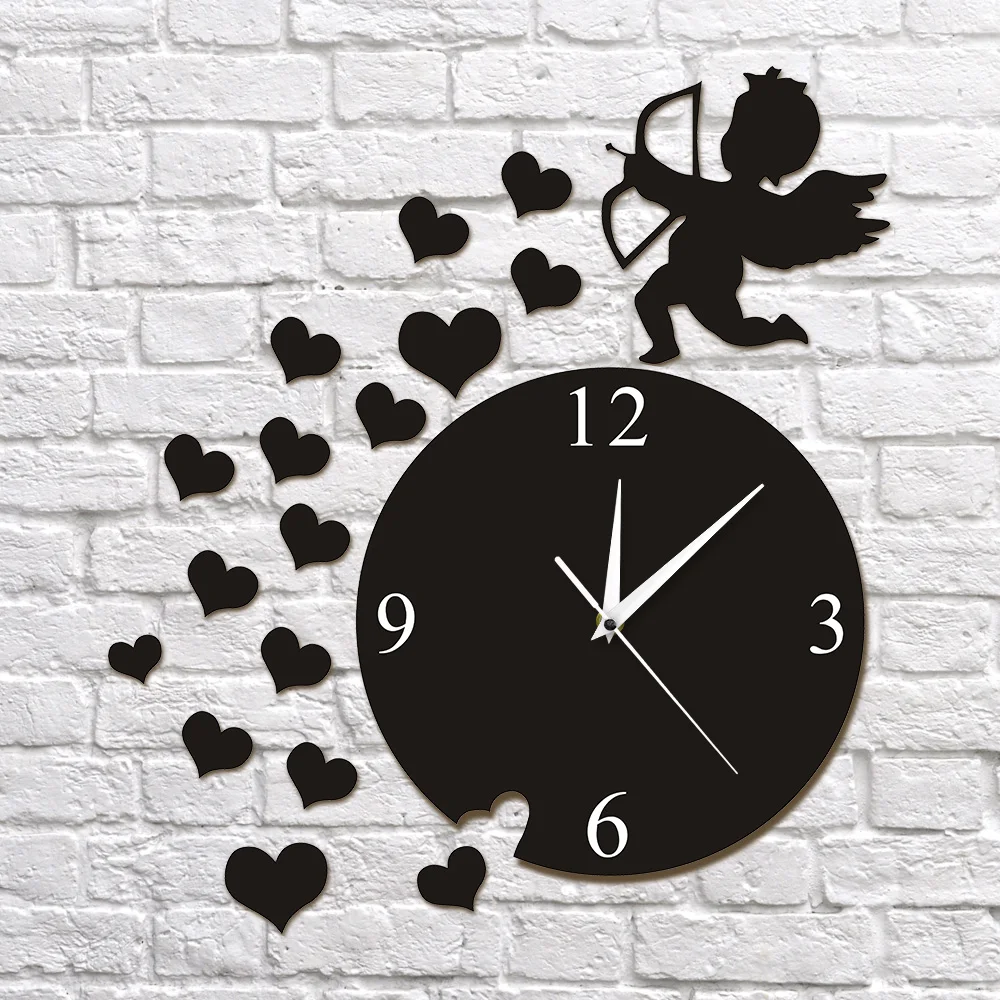 

1Piece Modern Design 3D Wall Clock Cupid Arrow Hearts Cherub Angel Wall Art Decor Clock Sticker Flying Cupid Love Angel Clock