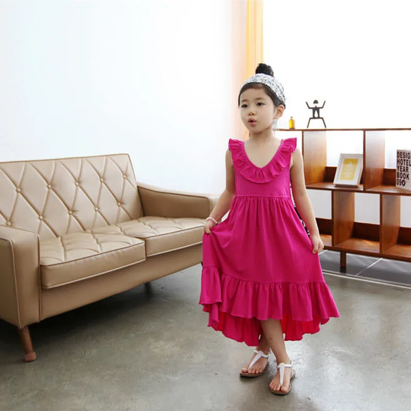 2019 summer Big girls dress cotton ruffle baby girl rose red children's casual beach Maxi vestidos kids teens sundress | Детская