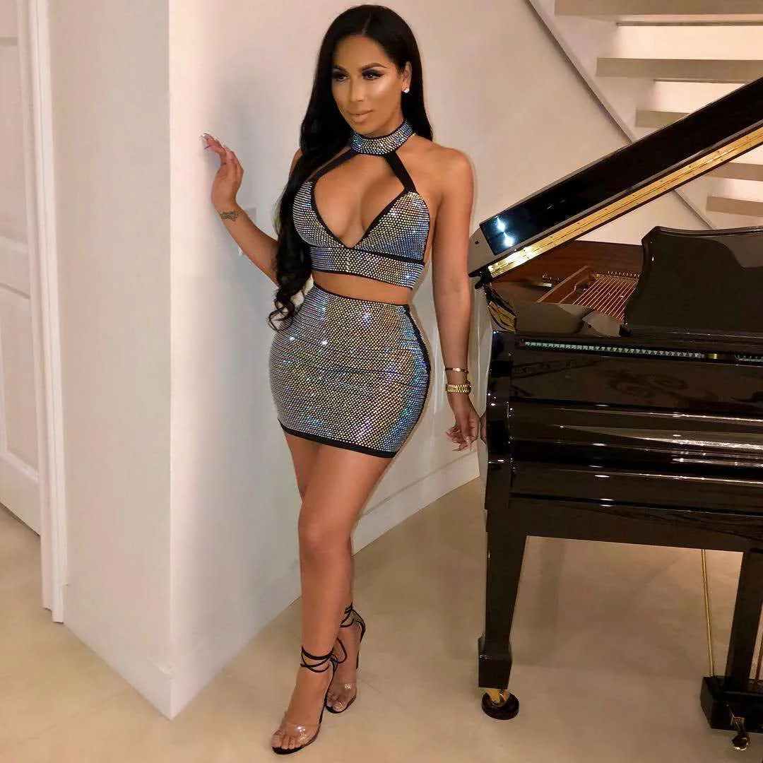 Hot Drilling Bling Women Sexy Dresses Halter Backless 2 Piece Summer V Neck Nightclub Dress Suits | Женская одежда