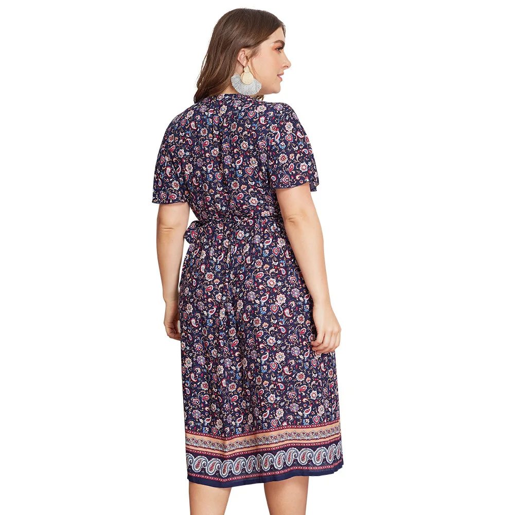 MagicPark XL-4XL Women Dresses Blue V Neck 2019 Short Sleeve Plus Size Original Design Print Floral Womens Clothing | Женская одежда