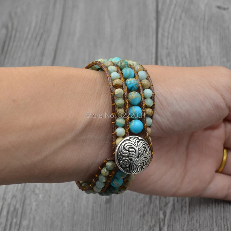 Multilayers Wrap Bracelets Handmade Boho Natural Stones Beaded Cuff Bangles for Girls with Blue Beads on Wax Leather Cord Braide | Украшения