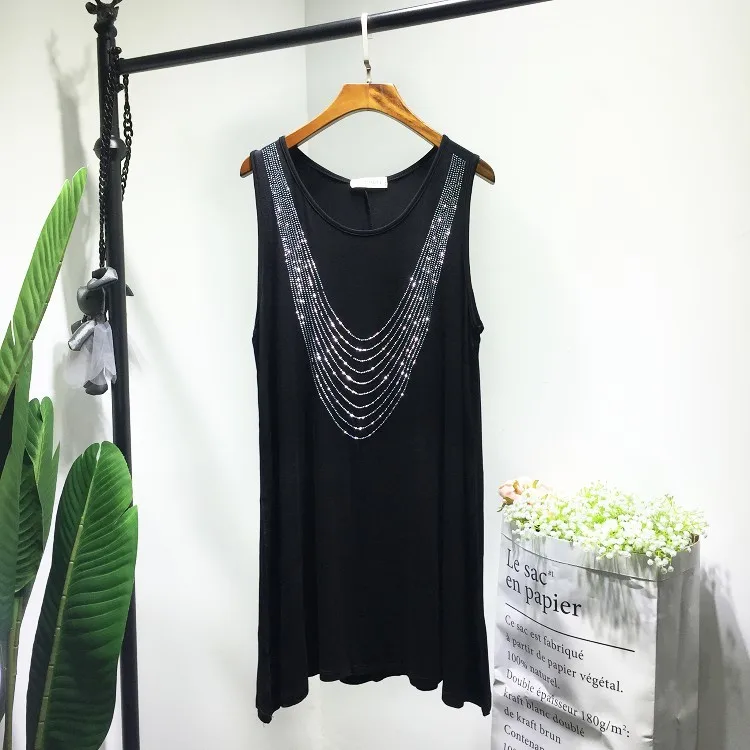 

QING MO Tassel Drilling Dress Women Black Sleeveless Dress Vest T Shirt Dress Casual Summer Fake Necklace T Shirt ZLDM033