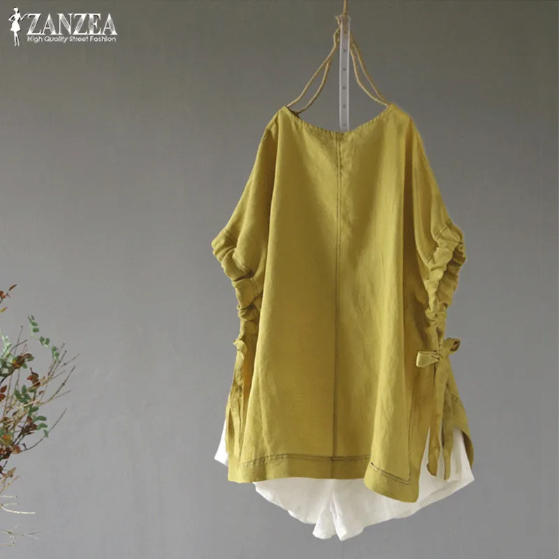 Женская льняная блузка ZANZEA с коротким рукавом 2019 винтажные летние блузки сорочка