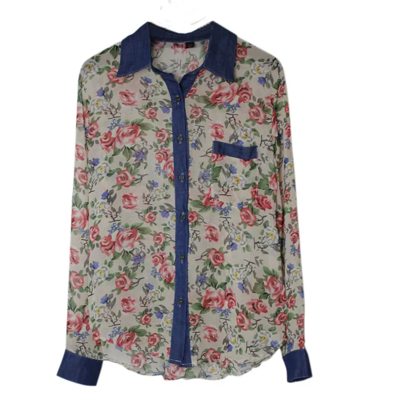 2019 New Spring Fashion Women's Clothing Flowers Printing Full Sleeve Top Blouse Chiffon Patchwork Denim Shirt Female