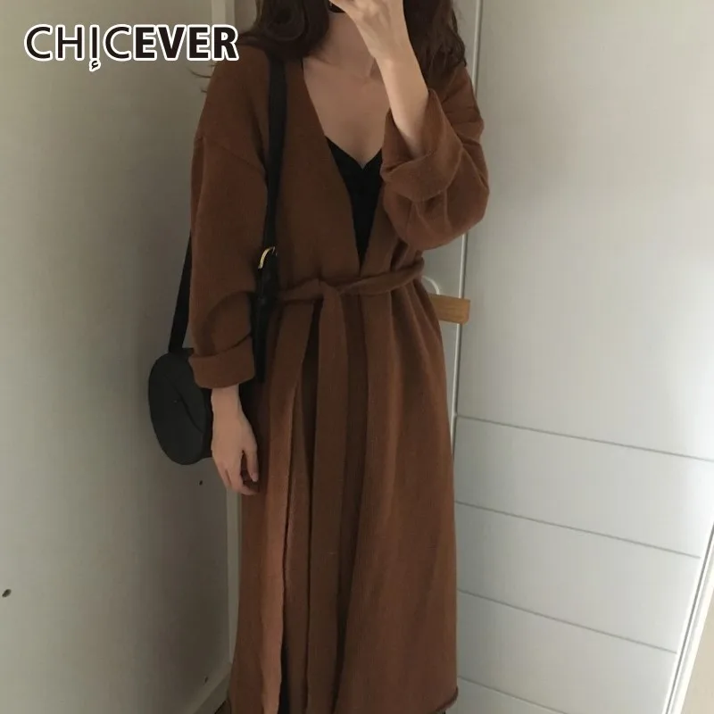 CHICEVER Autumn Winter Knitting Female Cardigan V Neck Long Sleeve High Waist Lace Up Hem Split Loose Sweater Korean Fashion New |