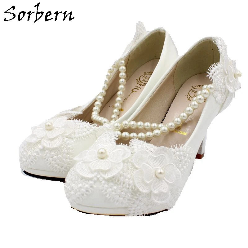 

Sorbern White Lace Bridal Wedding Shoes Slip On Beading Low Heels For Ladies Pumps Shoes Designers Shoes Women