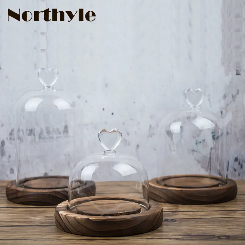 Northyle Glass Miniature Decoration Dome Cover With Wood Base Terrarium Figurine Bell Home Decoration|cover covers|cover glasscover wood |