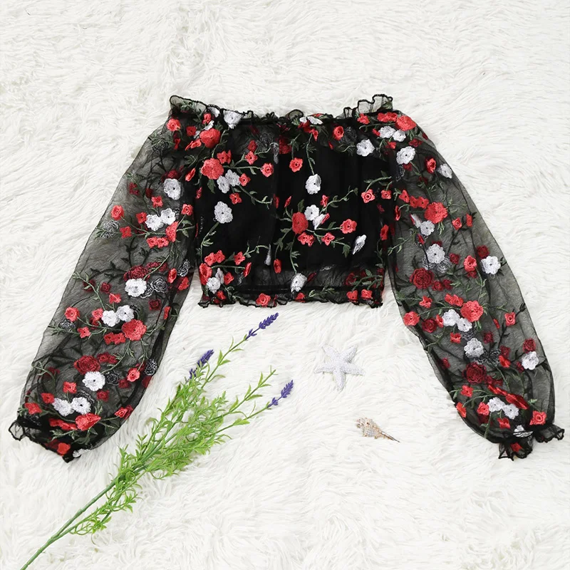 ZAFUL Блуза с открытыми плечами вышитая прозрачная блузка топом трусики женские