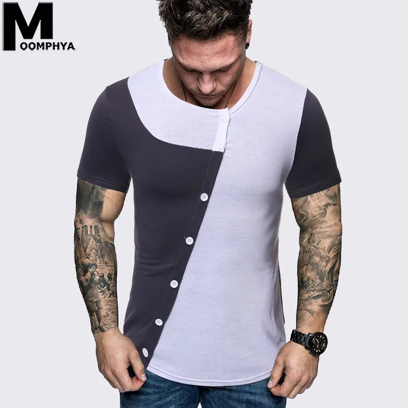 

Moomphya Men clothes 2019 Splicing buttons short sleeve men t-shirt Streetwear hip hop funny t shirts Skinny summer tshirt men