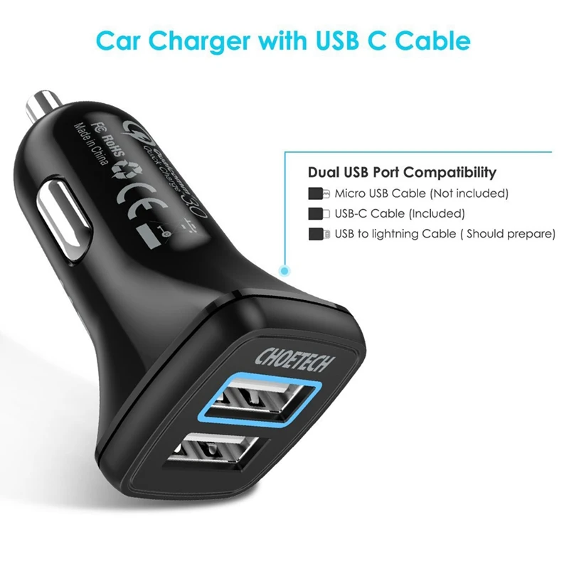 Choetech 30 Вт двойное автомобильное зарядное устройство Usb для Iphone X Quick Charge 3 0