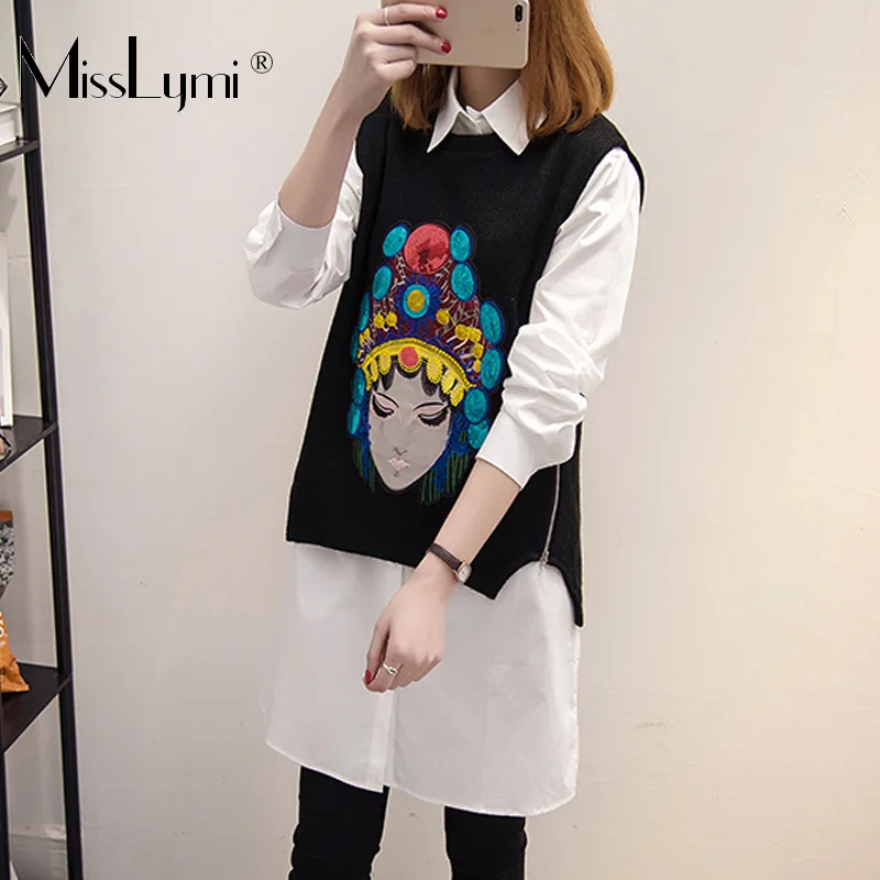 XL-5XL Big Plus Size Women Two Piece Set Autumn 2019 Fashion Long Sleeve White Shirts and Sequin Embroidery Black Knitted Vest | Женская