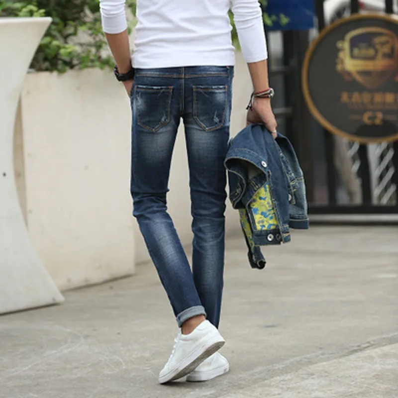 Men's Stretch Joggers Jeans Cotton Skinny Korean Full Length Straight Mid Light Washing Young Jean Zipper Pants