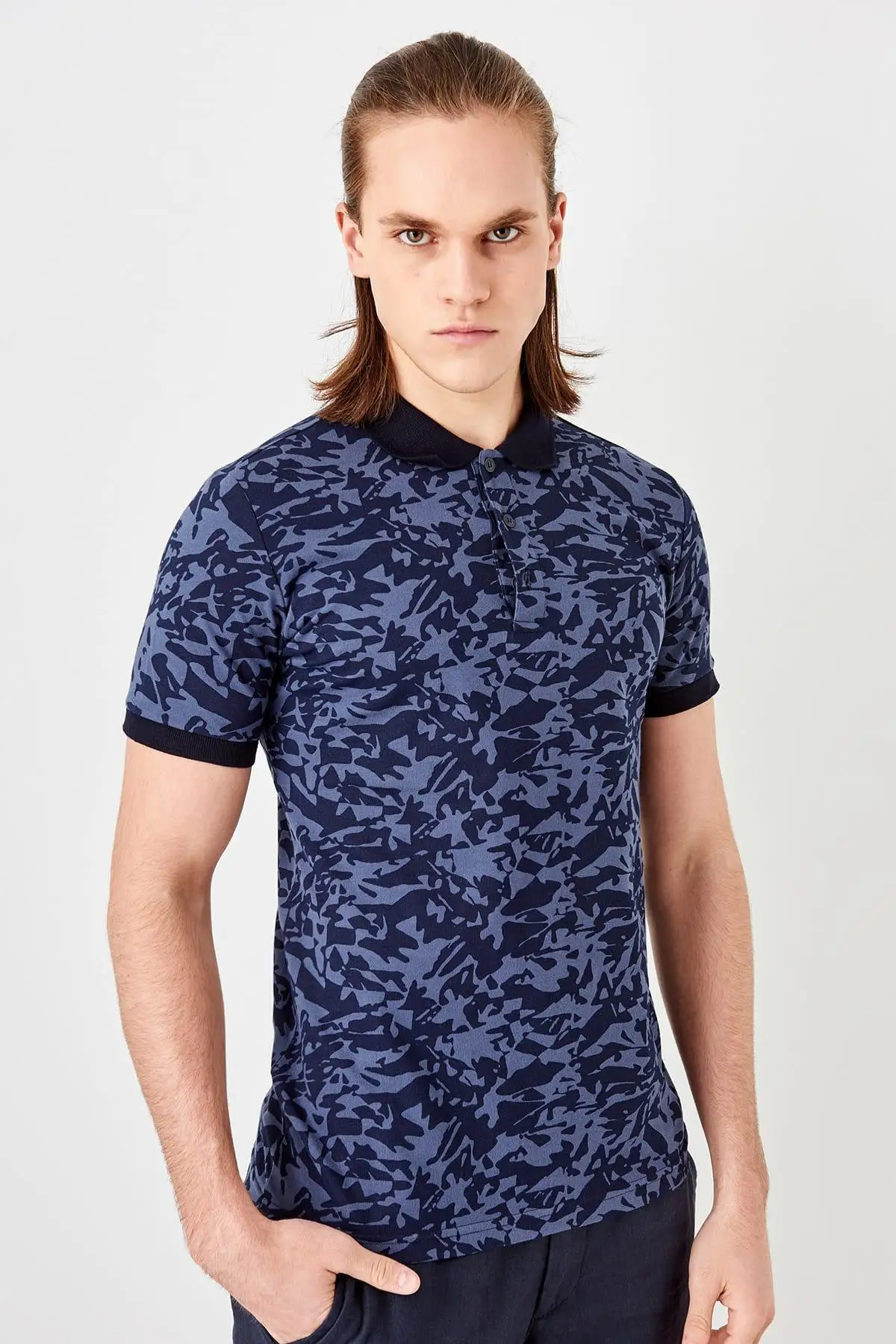 Trendyol Новый Индиго печатных Slim Fit Поло шеи Футболка TMNSS19HD0014 | Женская одежда