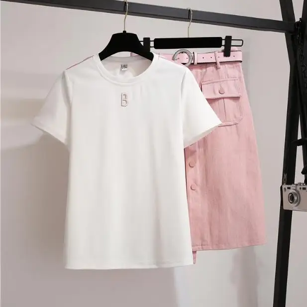 

2019 summer leisure suit pink pocket skirt & white sweatshirt top outfit new covered meat minus age suits casual clothes XL-4XL