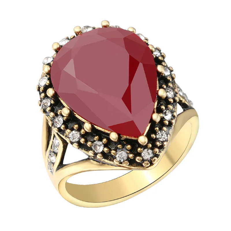 

Boho Antique Gold Crystal 1PC Size 7 8 9 10 Big Black Red Green Stone Women Rings Bride Zircon Wedding Jewelry