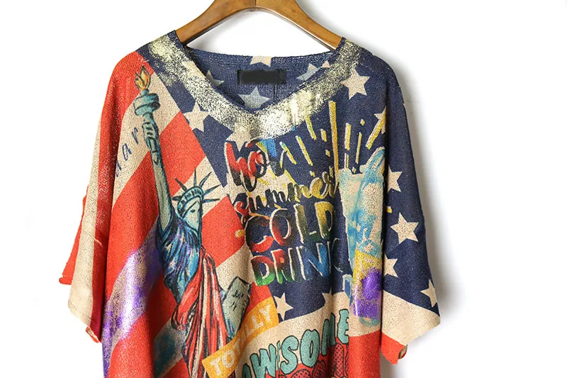 Europe Fashion summer T-shirt women Oversized pullover tops V-neck Knitted Vintage Casual Outerwear Personality Ladies Tops | Женская