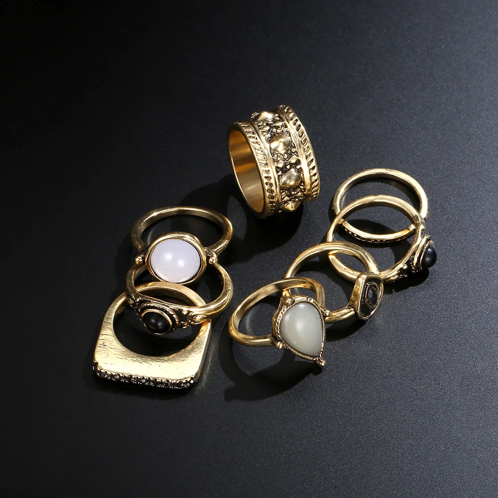 2018 New Best Selling Vintage Carved Black Alloy Ring Set 8pcs/set Popular Rhinestone Ladies Banquet Joint Accessories | Украшения и